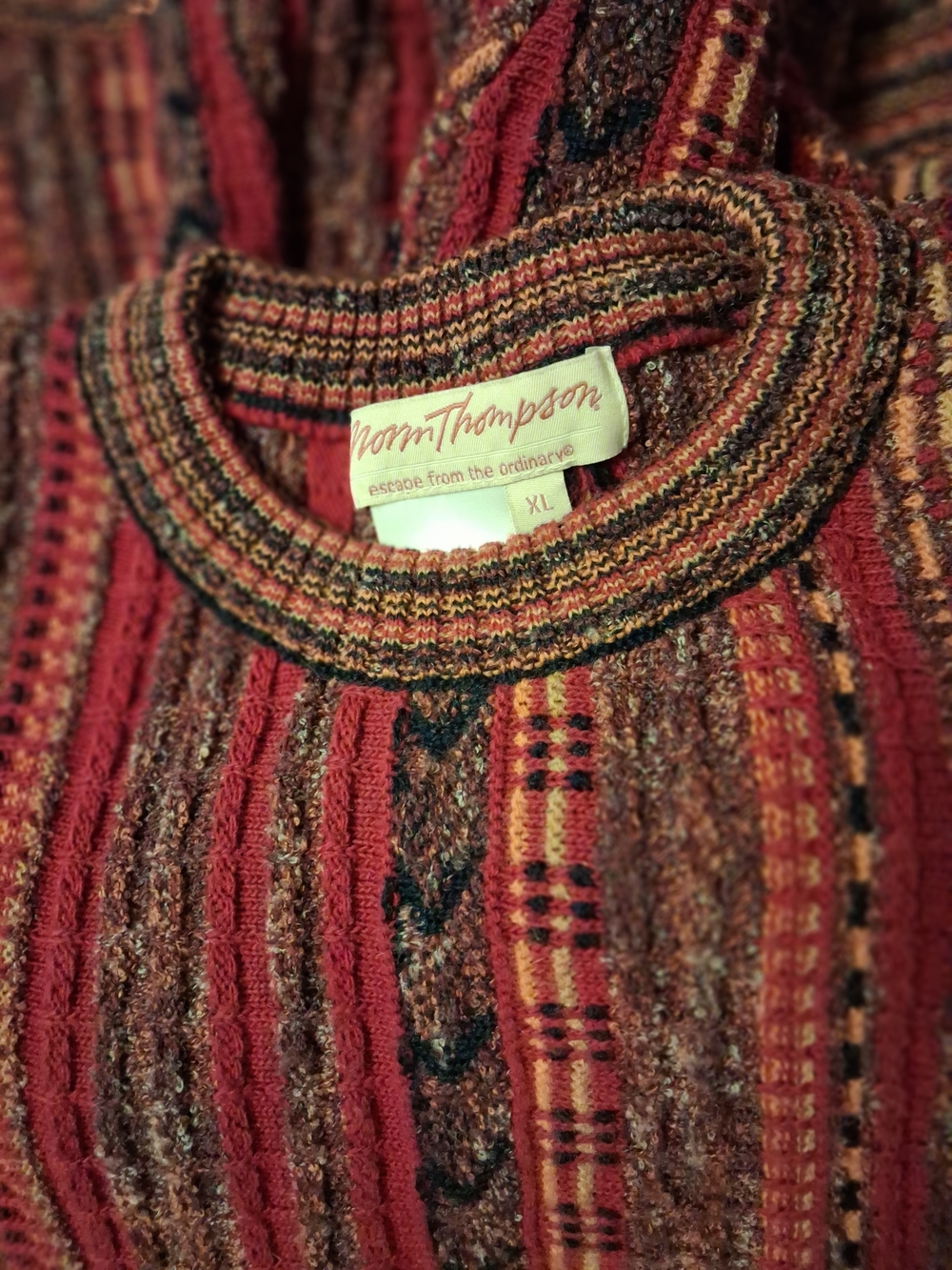 Norm Thompson XL Multicolor Textured Knit Sweater — Red, Brown, Gold
